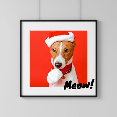 a dog portrait hanging on wall. The dog says meow.