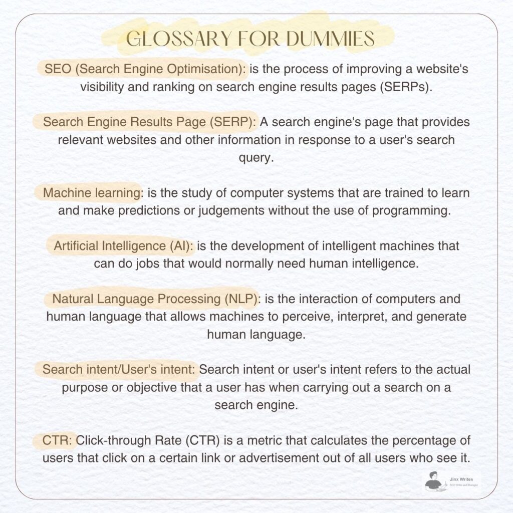 Glossary terms explianed for Search generative experieence google. There are defination of SEO, SERP, machine learning, Artificial intelligence, natural processing language, search intent, and ctr.